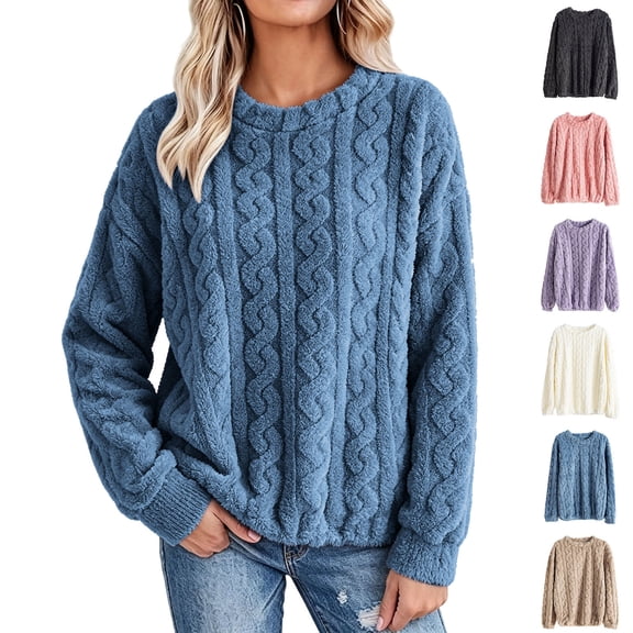 Pajamas Dqueduo Women's Thick Fleece Cable Knit Long Sleeve Top – Cozy Winter Homewear Blue Free Size