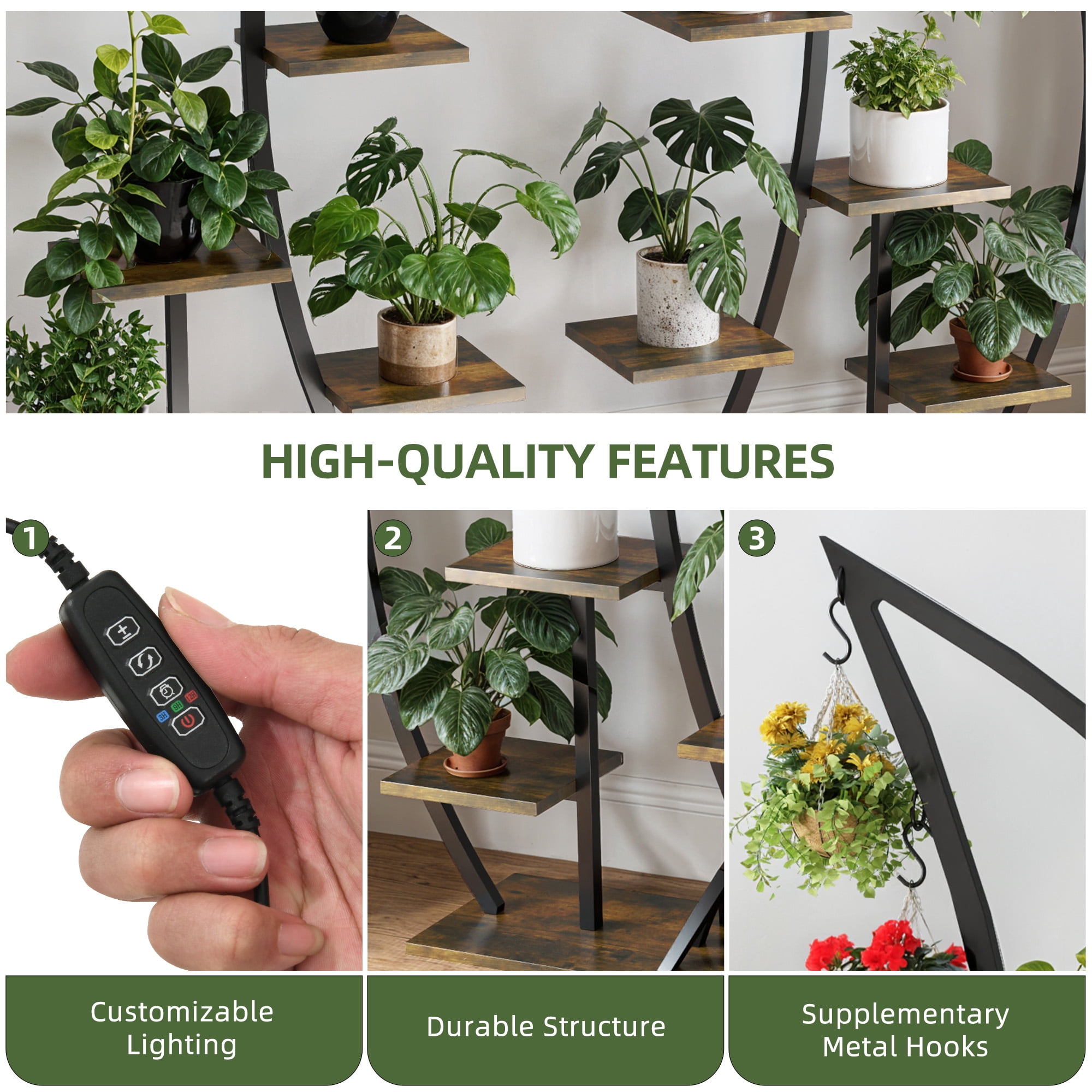 Uforic 63" Plant Stands Indoors with Grow Lights, Half Moon Metal Storge Shelf,Multiple Pots Metal Flower Stands