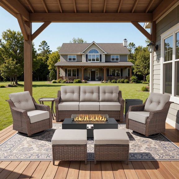 POCASSY 7 Piece 6 inch Thick Upholstered Cushion Patio Furniture Set with Fire Pit Table, All Weather Brown Wicker Outdoor Conversation Set for Deck, Beige Cushion