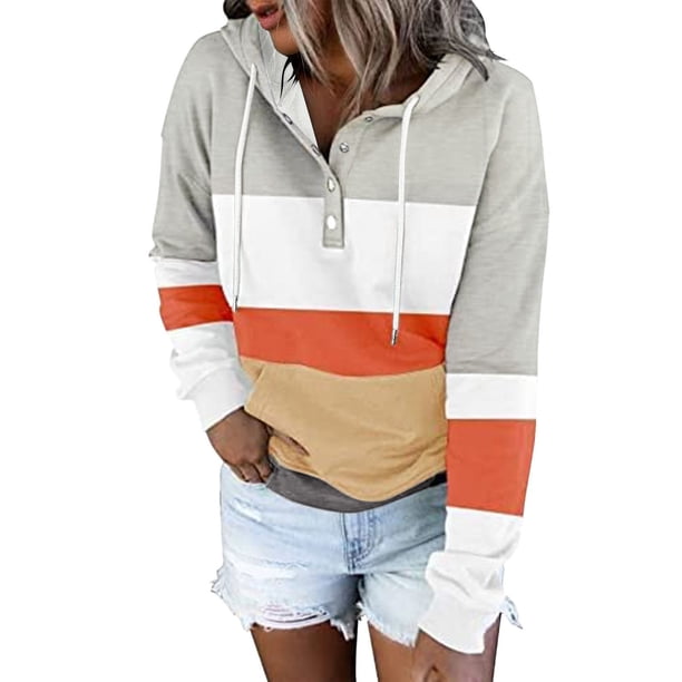 Gibobby Sudadera en Ligero y calientito Sudaderas con capucha de bloque de color para mujer, sudadera informal de manga larga con botones y cordón con bolsillo (Anaranjado, L)