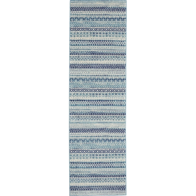 homeroots home decor 385596 2’ x 8’ Navy Blue Ornate Stripes Runner Rug