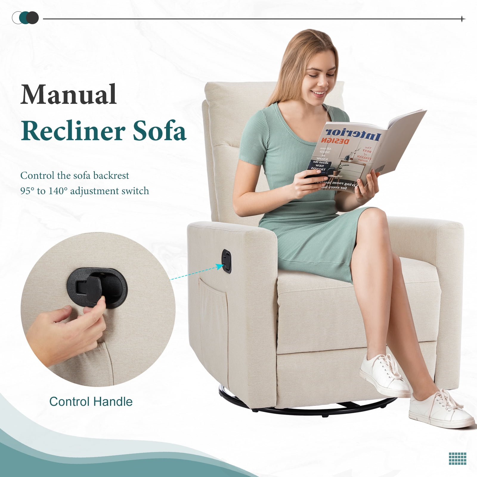 GIANNA Glider Rocker Recliner Chair with Adjustable Backrest and Footrest, Beige