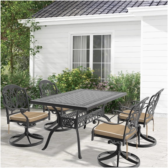 Black Aluminum Outdoor Dining Set with 4 Swivel Chairs and Rectangular Table, 5-Piece All-Weather Patio Furniture