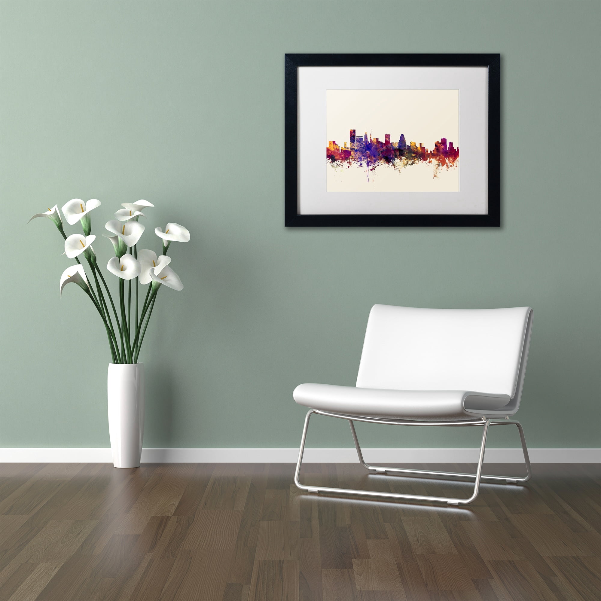 Trademark Fine Art "Baltimore Maryland Skyline" Canvas Art by Michael Tompsett, White Matte, Black Frame