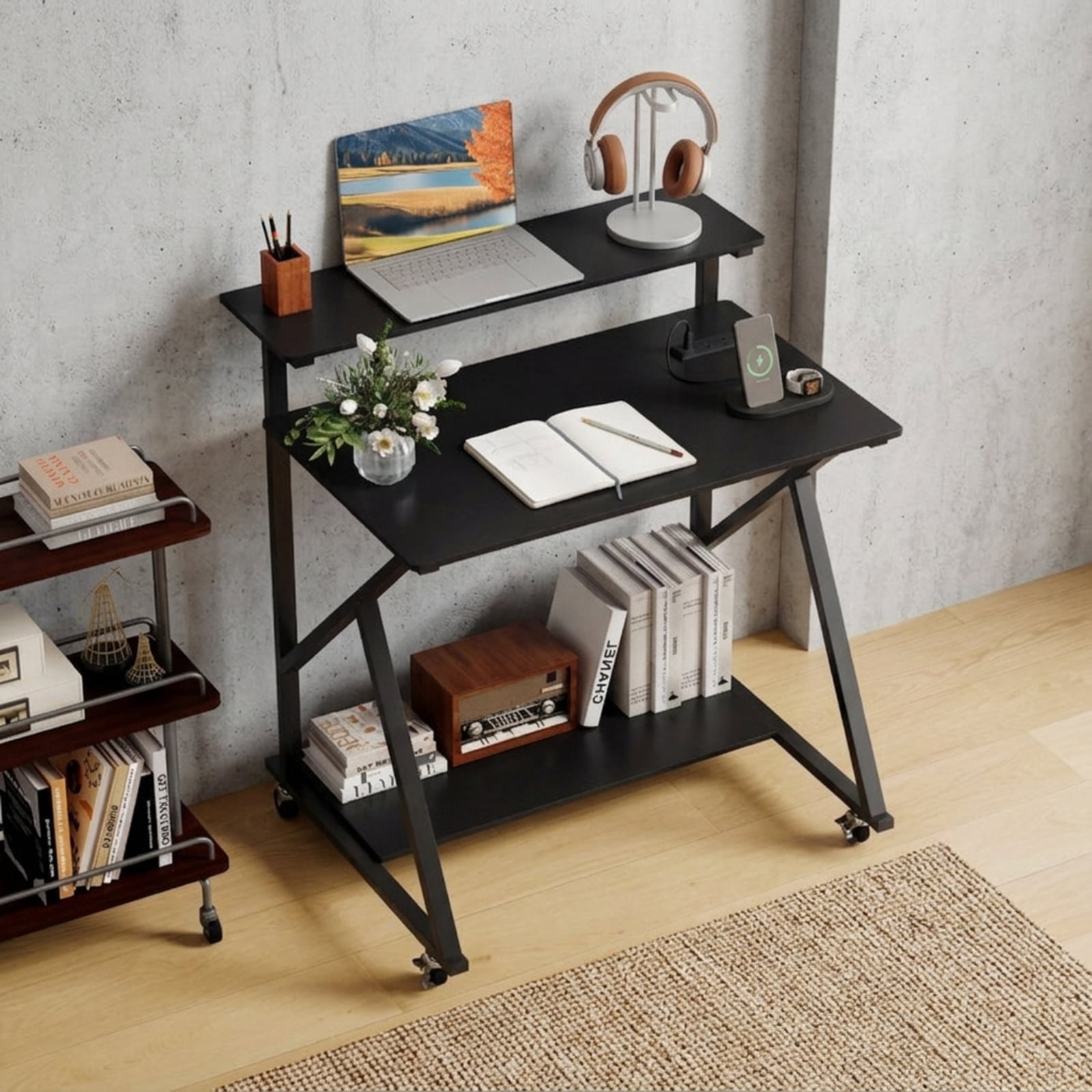 Furnibear 32 Inch Rolling Computer Desk for Small Spaces With Power Outlets and Monitor Shelf, Compact Home Office Desk on Wheels, Black