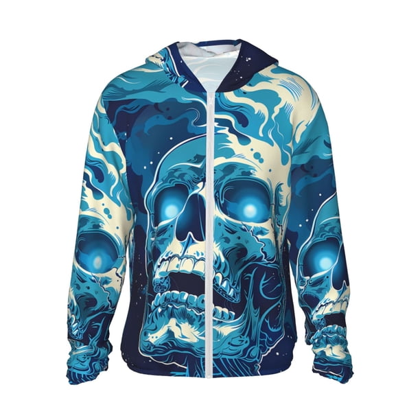 Fotbe Abstract Blue Skull Chaqueta con Protección Solar UPF 50+ para Hombre y Mujer, Camisa con Capucha y Bolsillos-3X-Large