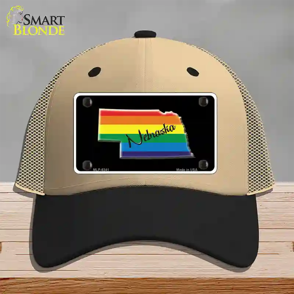 Nebraska Rainbow Novelty License Plate Hat Mesh Khaki|Black