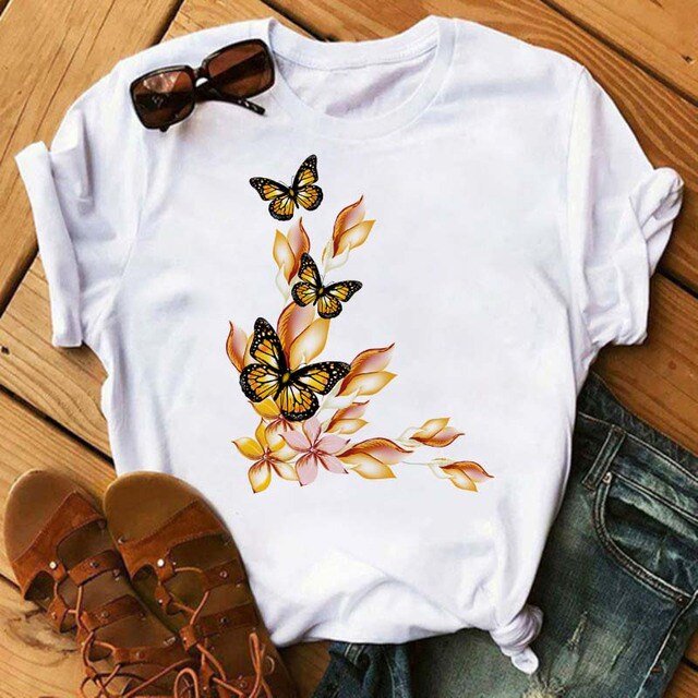 T-shirt Femme Imprimé Mode Fleur Papillon Manches Courtes Décontracté Haut Graphique