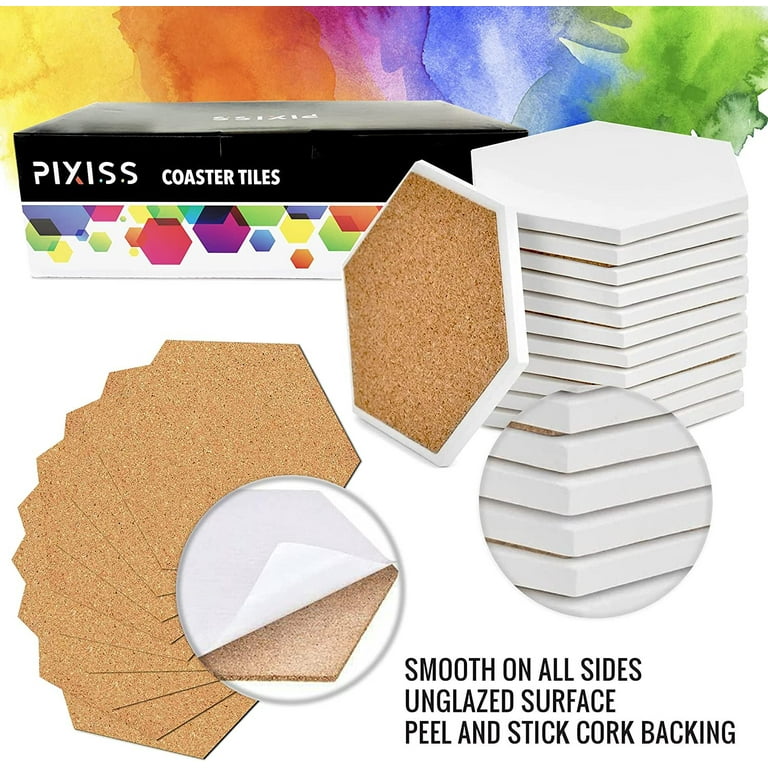 Ceramic Tiles for Crafts Coasters,12 Hexagon White Tiles Unglazed 4-Inches  with Cork Backing Pads, for Alcohol Ink or Acrylic Pouring, DIY Make Your