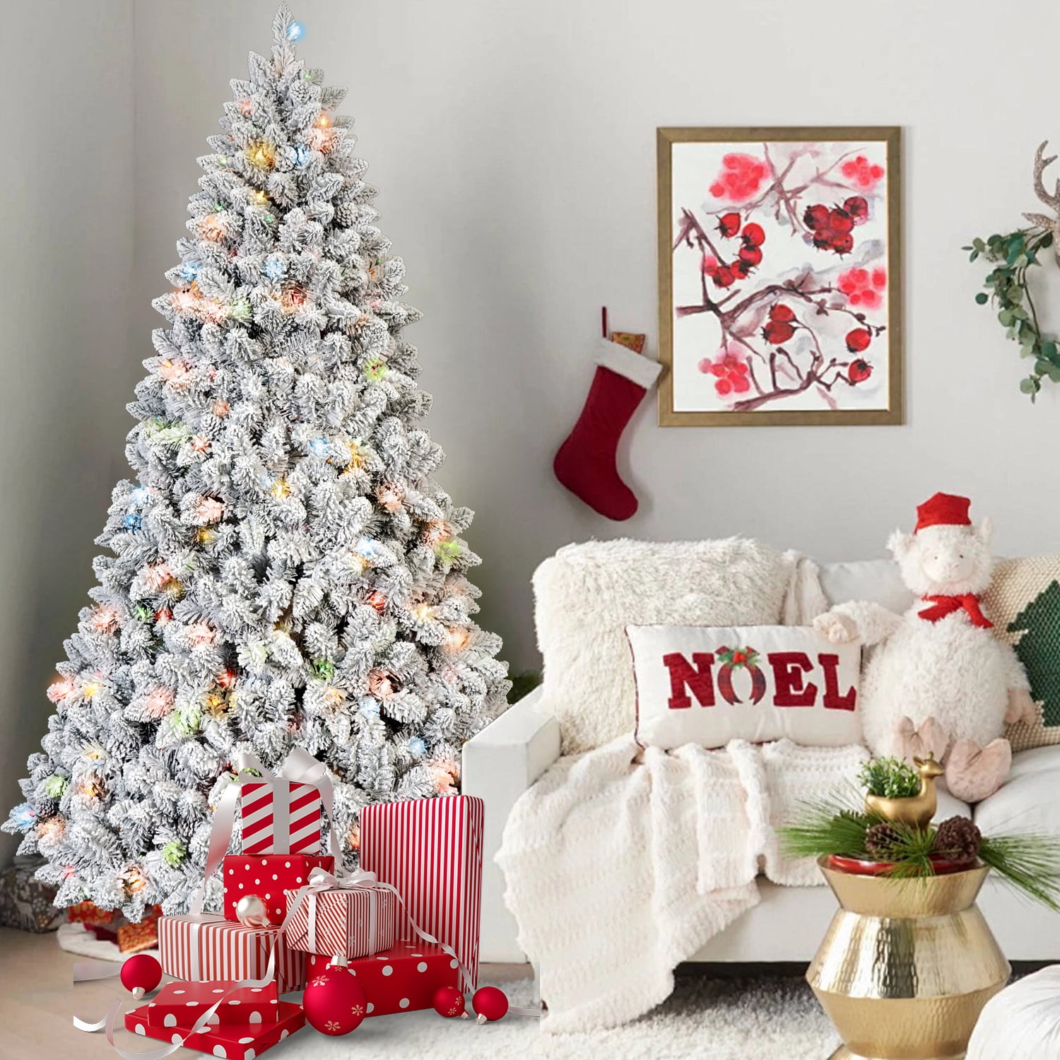 5ft Prelit Snow Flocked Christmas Tree with 150 LED Lights 366 Tips Pine Cones Hinged Branches