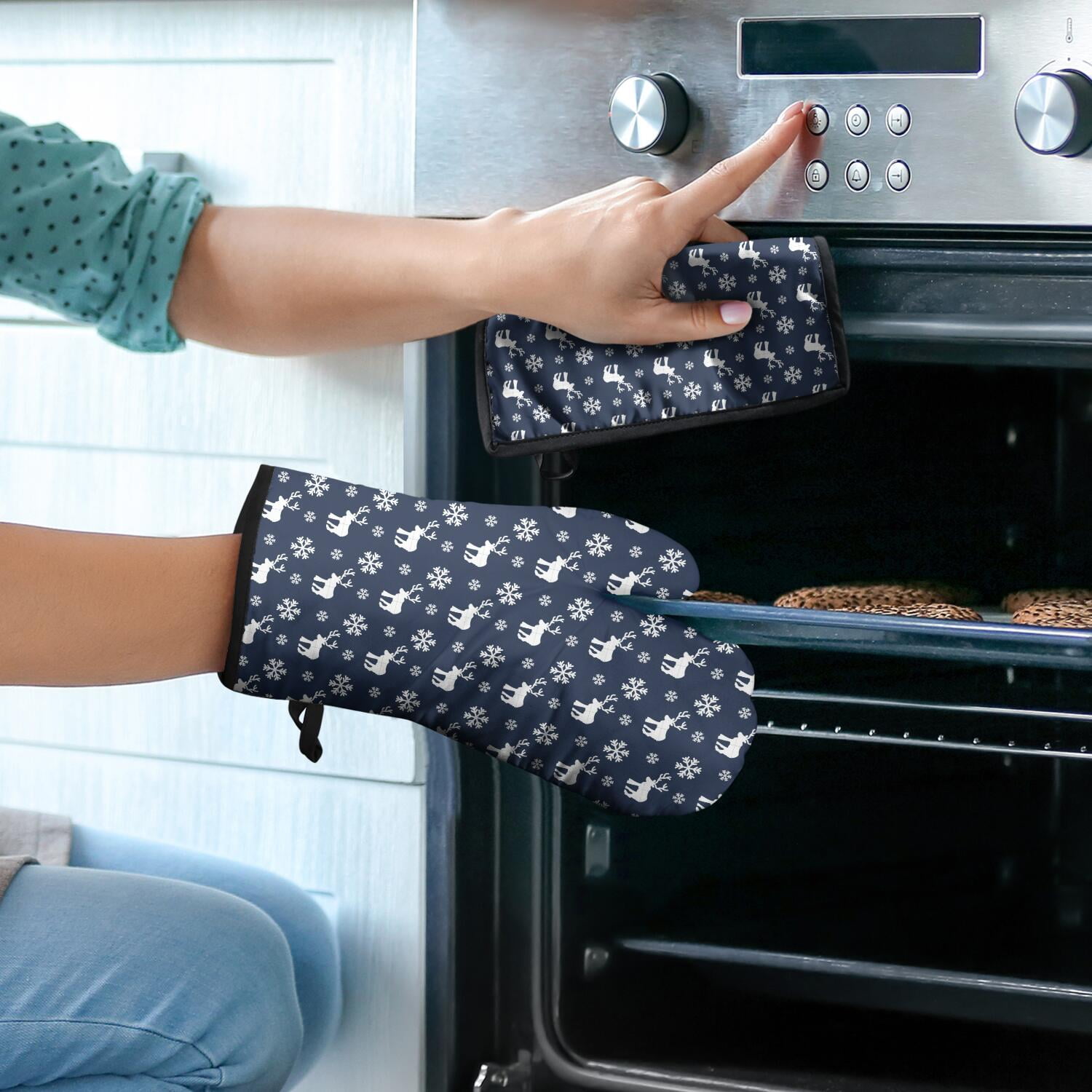 Oven Mitts and Pot Holders Set Of 4, Heat Resistant Kitchen Gloves with Non-Slip Grip, Hanging Loop, Soft Cotton Lining for Baking, Cooking, Grilling, Barbecue
