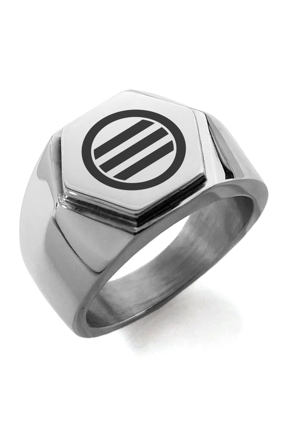 Stainless Steel Kikkawa Samurai Crest Engraved Hexagon Crest Flat Top Biker Style Polished Ring
