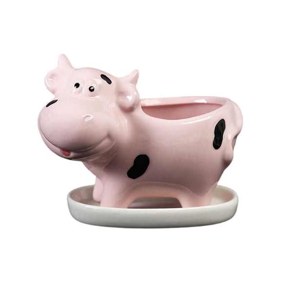 Cute Animal Ceramics Planter with Tray, Cow Shaped Ceramic Planter, Small Succulent Plant Pot, Decorative Flower Pot for Desk, Indoor Garden Cow Planter, Cartoon Shaped Plant Pot for Cactus,D