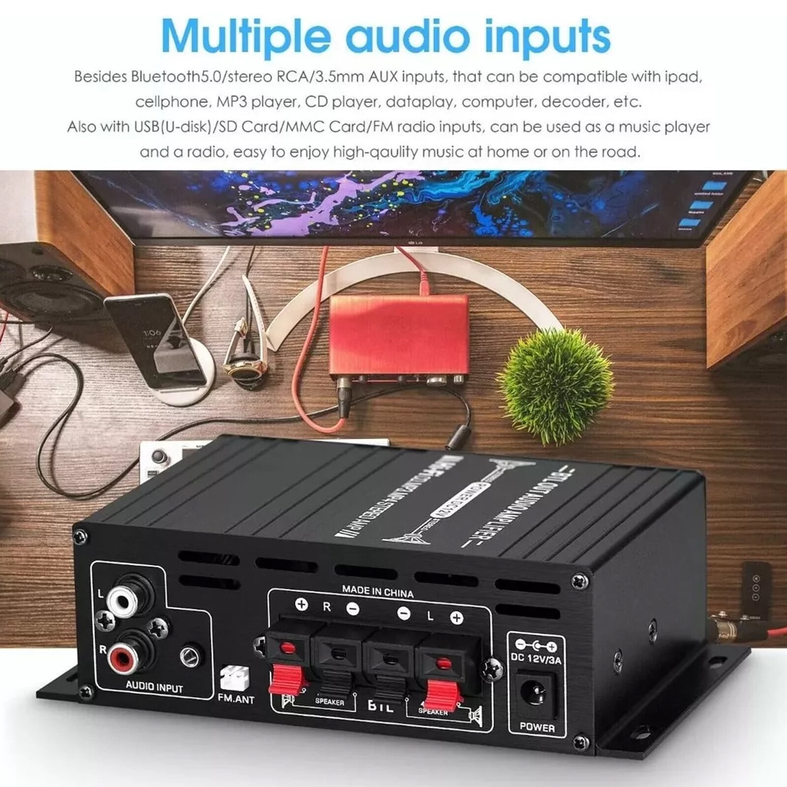 Yolispa 800W 2 Channel Bluetooth Amplifier with LCD Digital Display Stereo Receiver, Stereo Amp for Home Theater Car RV,USB/SD Card/RCA/Mic/FM