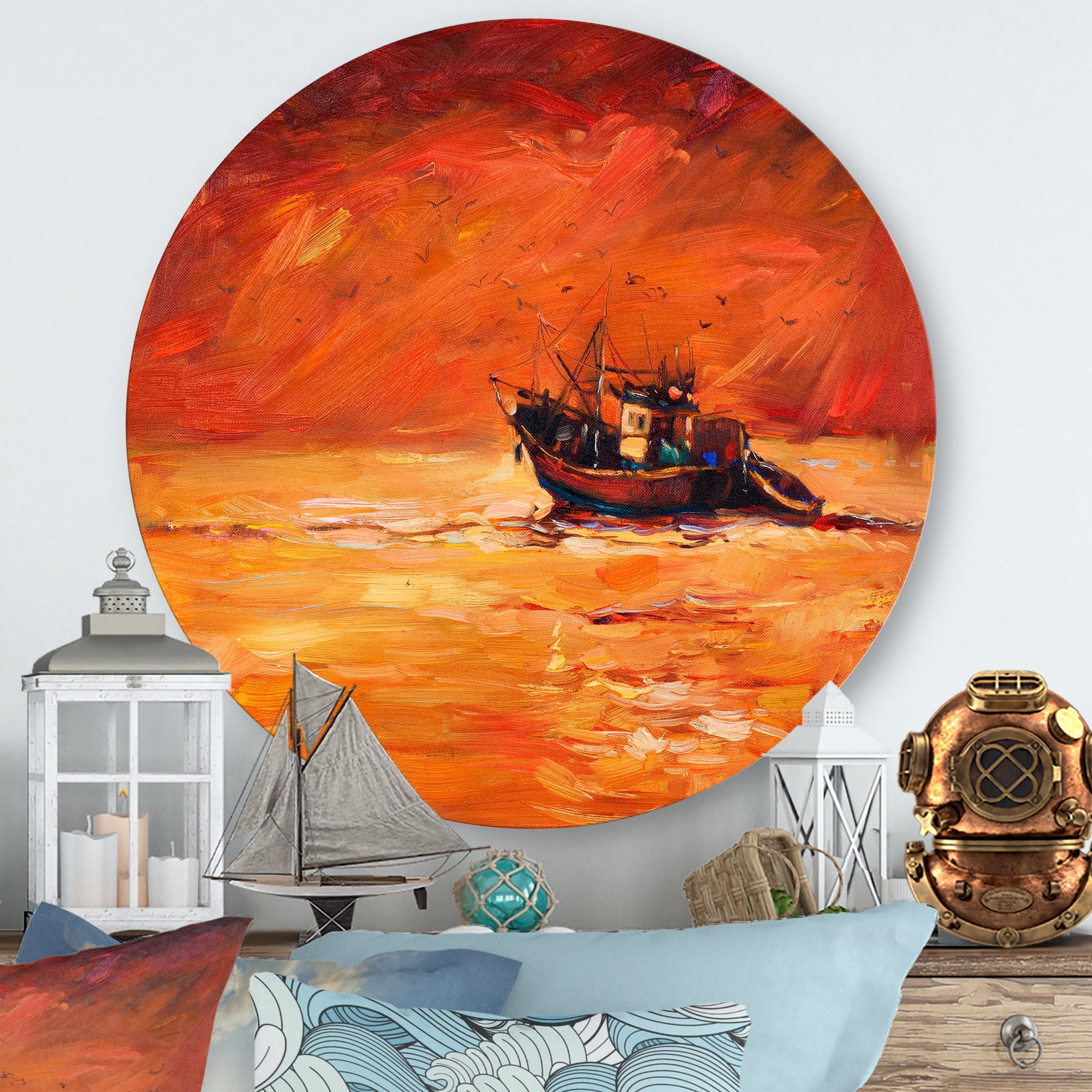 Designart 'Fishing Boat During Red Evening Glow' Nautical & Coastal Circle Metal Wall Art 11x11 - Disc of 11