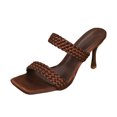 thumbnail image 7 of Kitten Heels for Women Braided Band Stiletto Sandals Square Open Toe Slip on Mules Solid Color Summer Casual Slides Brown Size 6, 7 of 7