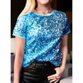 thumbnail image 5 of Aojekbee Women T-shirt, Crew Neck Short Sleeve Sequined Summer Tops Streetwear for Casual Daily, 5 of 10