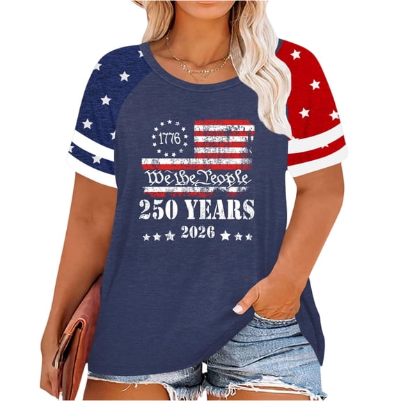 Plus Size American Flag Shirts for Women 4th of July Tshirts USA 1776-2026 Patriotic Tops 250th Anniversary Tees Navy 4XL