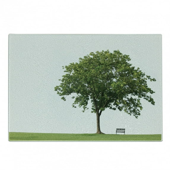 Tree Cutting Board, Bench Under Majestic Tree Looks Like Solitude in Habitat Environment Design, Decorative Tempered Glass Cutting and Serving Board, Small Size, Green White, by Ambesonne