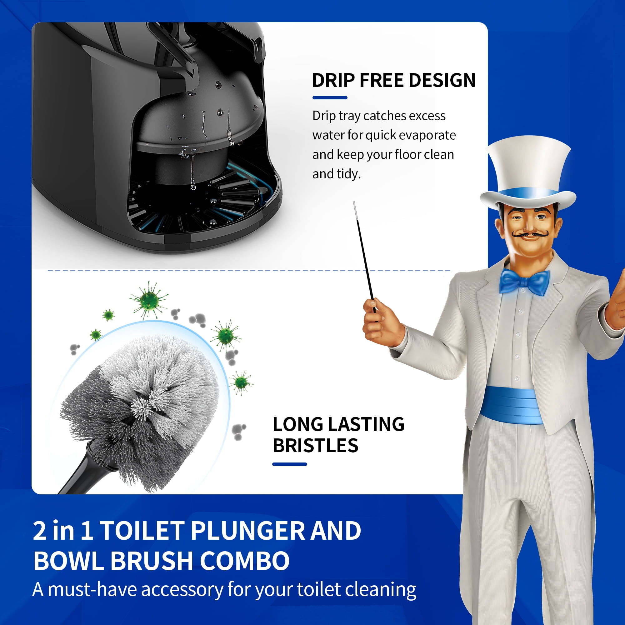 MR.SIGA Toilet Plunger and Bowl Brush Set with Holder,  Bathroom Cleaning , Black, 1 Set,for Adults