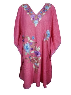 Mogul Women's Maroon Kaftan Kimono Sleeves Beautiful Floral Embroidered Evening Resort Wear Stylish Lounge Maxi Caftan Dresses 4XL
