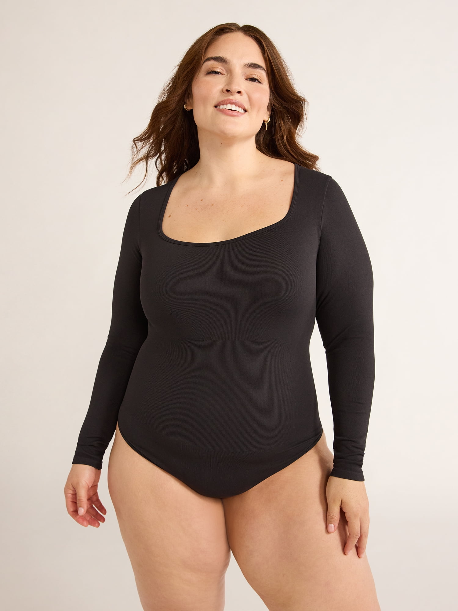 Joyspun Women's Seamless Slimming Square Neck Bodysuit with Long-Sleeves, 2-Pack, Sizes S-XXXL