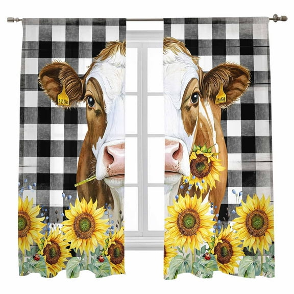 Cow Sunflower Sheer Curtains 63 inches Long, Plant Farm Flower Black Plaid Light Filtering Sheer Window Curtains Rod Pocket Voile Drapes for Bedroom Living Room, 52"W x 63"L 2 Panels