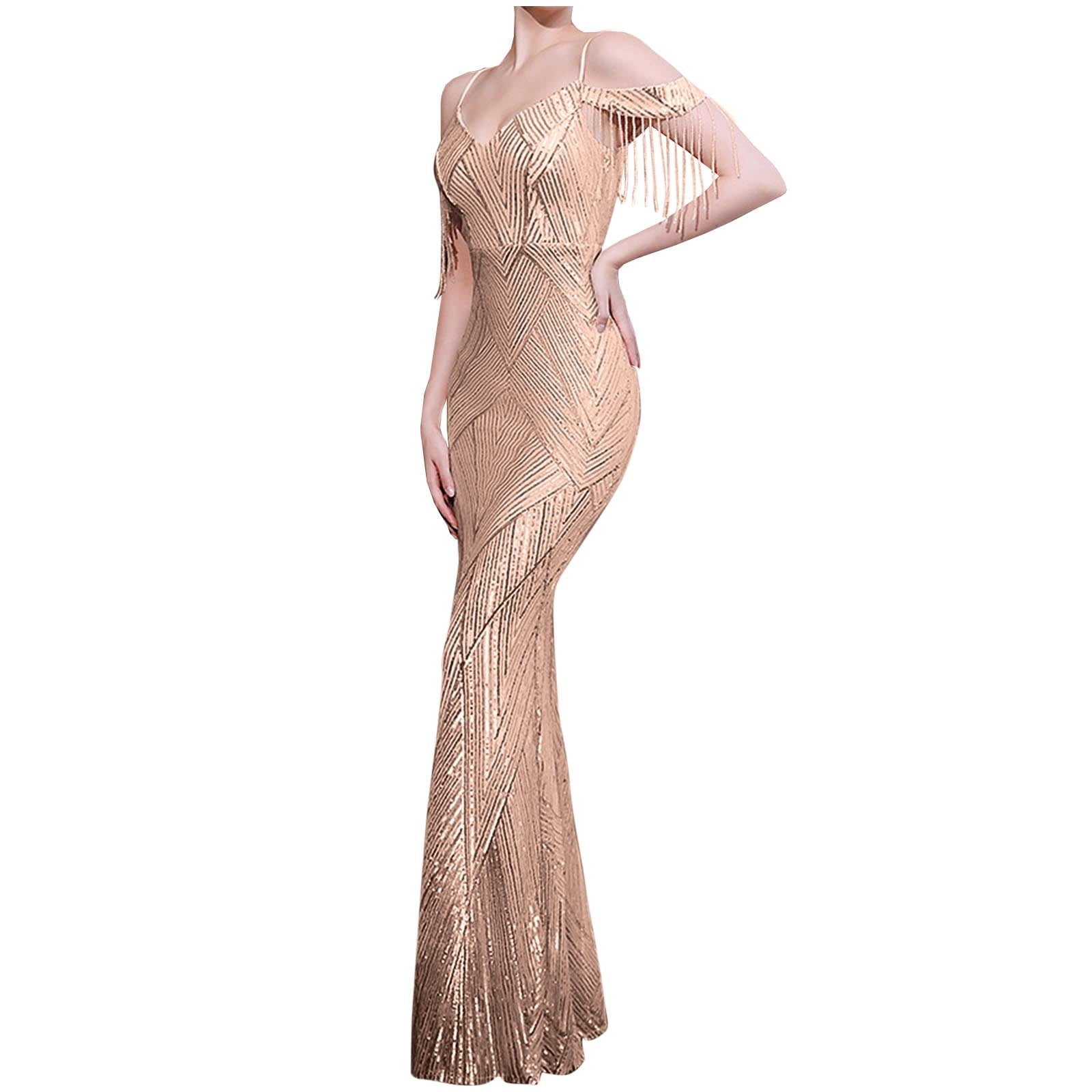 Short Dresses Women's V Neck Sequin Formal Evening Dress Tassel Cold Sleeve Long Gown Retro Party Maxi Mermaid Dress Cute Dresses S-6 Gold XL