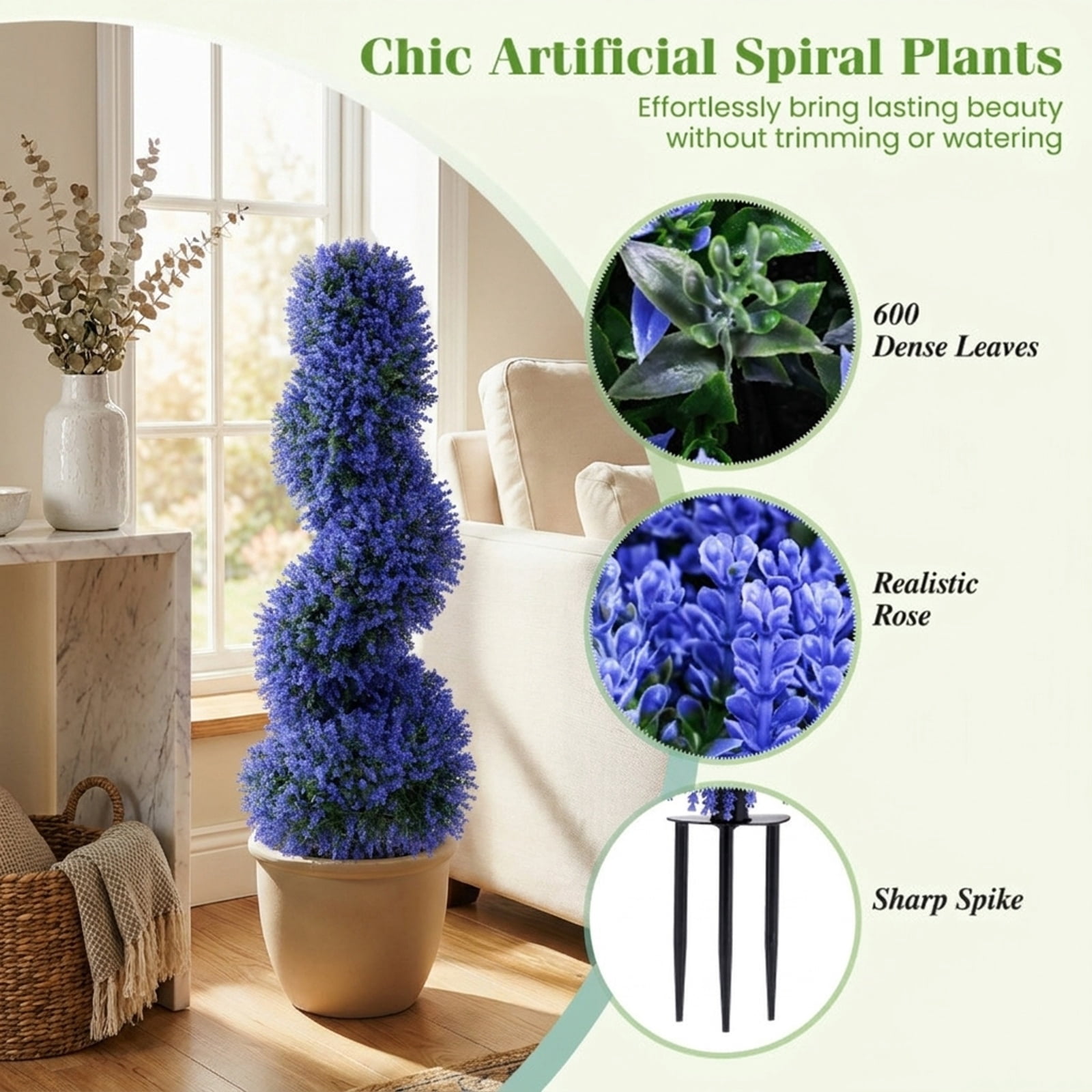 Vebreda Artificial Plant Decor, Set of 2 Artificial Spiral Topiary Trees with Sun Protection and Ground Spikes, Lifelike & Chic Design