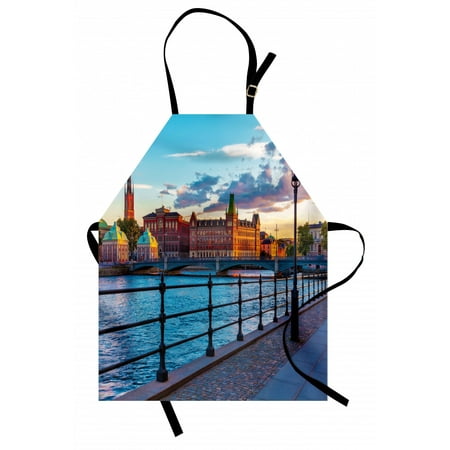 

Cityscape Apron Scandinavian Stockholm Old Town Sweden by Lake Gamla Stan View Autumn Day Scenery Unisex Kitchen Bib Apron with Adjustable Neck for Cooking Baking Gardening Multicolor by Ambesonne