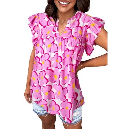 Women s Elegant Rose Floral Ruffled Sleeve Babydoll Blouse