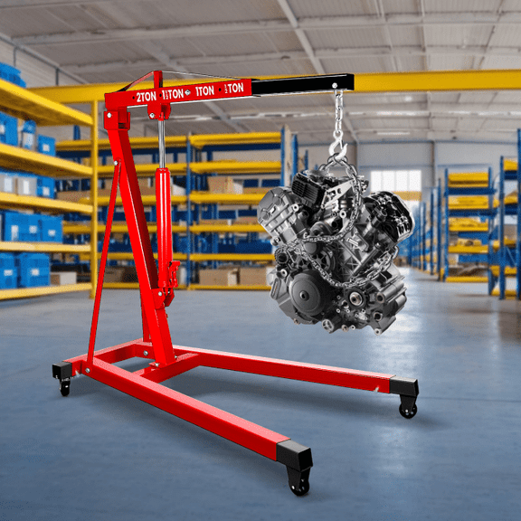 2 Ton Engine Hoist Cherry Picker with Electric Lift, Foldable Design, Load-Leveling & Anti-Rust Finish, 4500Lbs for Construction, Warehouse & Equipment Installation, Red