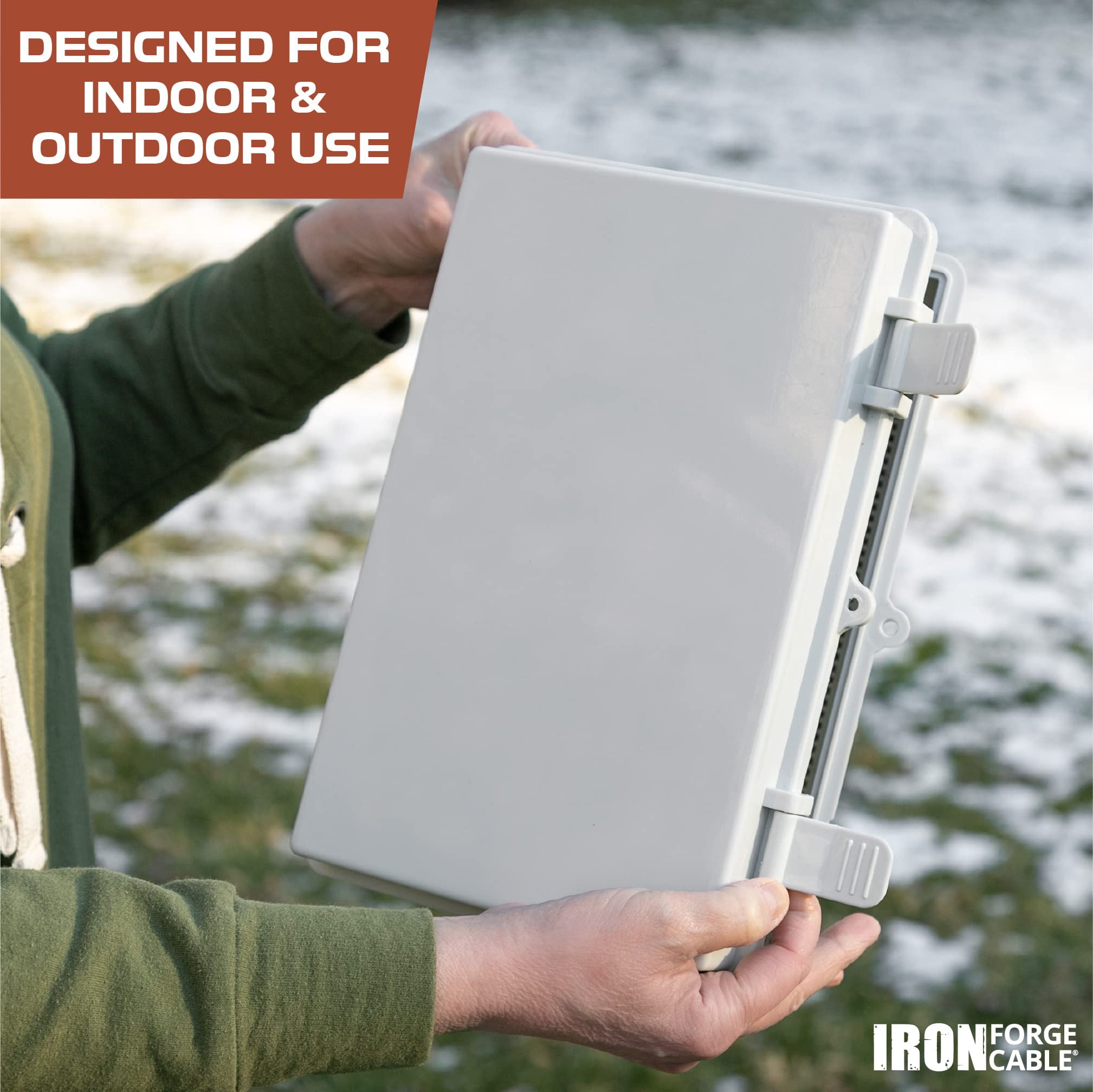 Iron Forge Cable Waterproof Junction Box - Outdoor Electrical Enclosure - Plastic Project Boxes with Mounting Plate, Wall Brackets, Weatherproof Hinged White Panel Cover - IP65-11x7 Inch