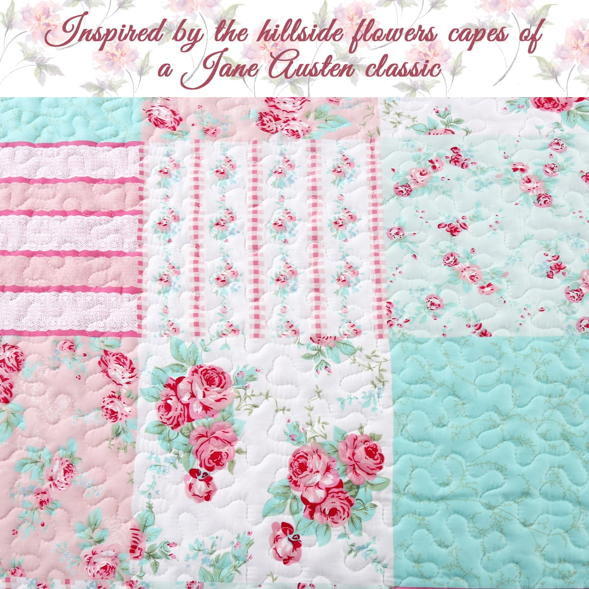 Cozy Line Pink Garden Floral Pink Blue Reversible 3-Piece Quilt Bedding Set, King Set