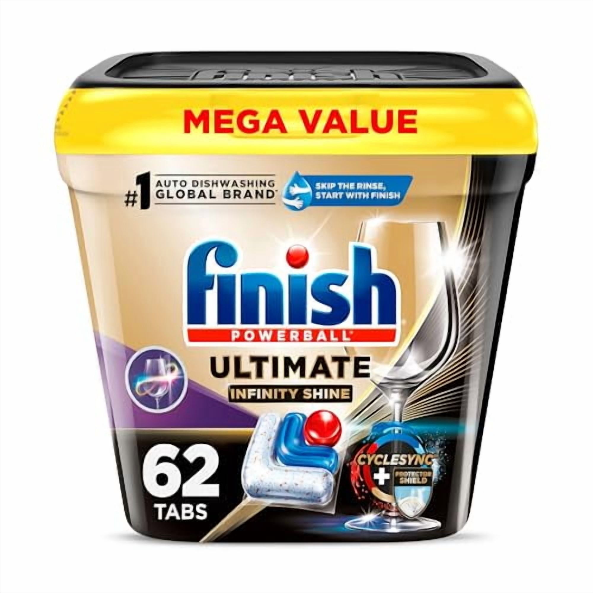 Finish Ultimate Infinity Shine Dishwasher Pods, No Pre-Rinse Dishwasher Detergent Soap Removes Burnt-On Stain, with Protector Shield & CycleSync Technology, Degreasing & Scrubbing
