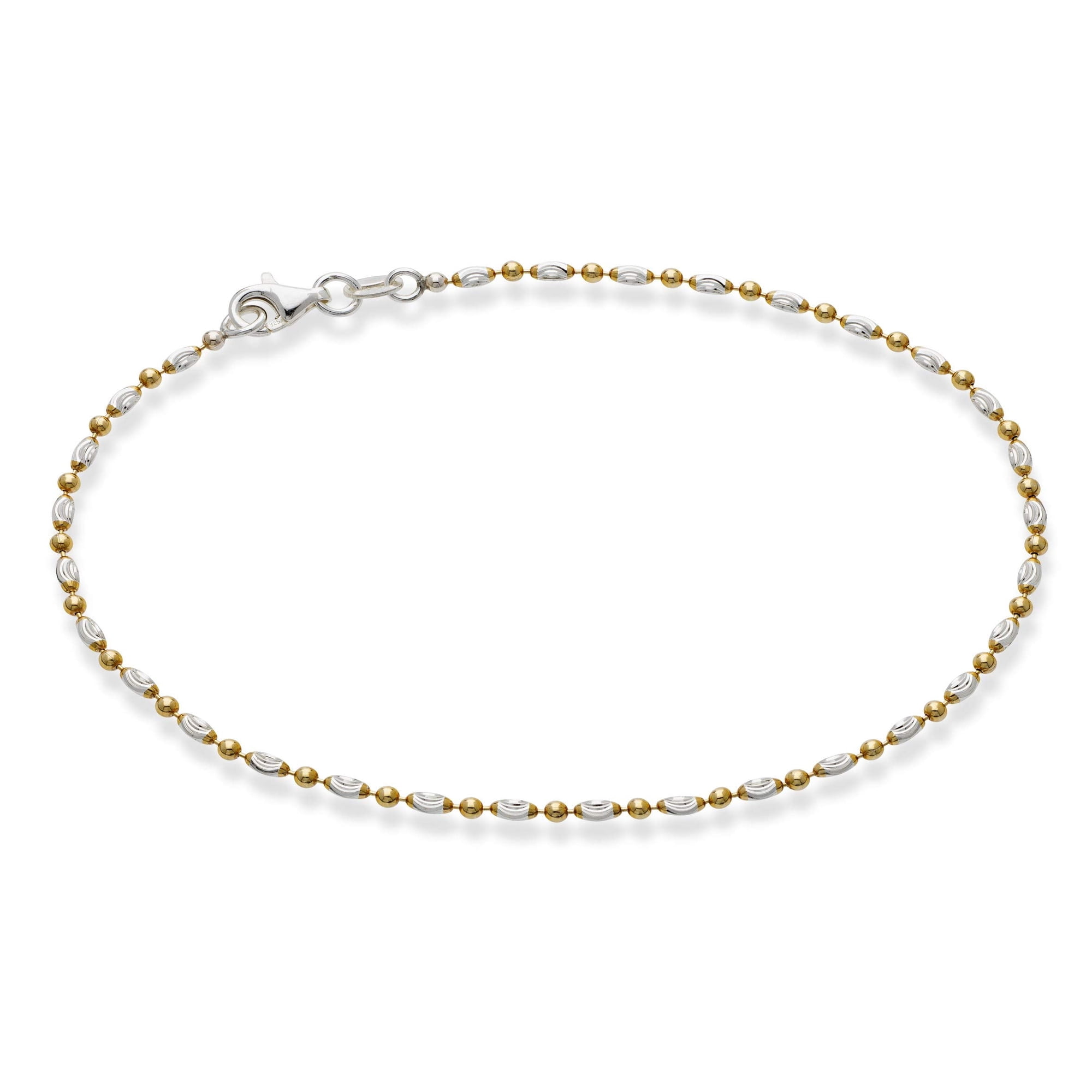 Miabella 925 Sterling Silver Diamond-Cut Oval and Round Bead Ball Chain Anklet Ankle Bracelet for Women, Made in Italy (yellow-gold-plated-silver, Length 9 Inches (X-Small))