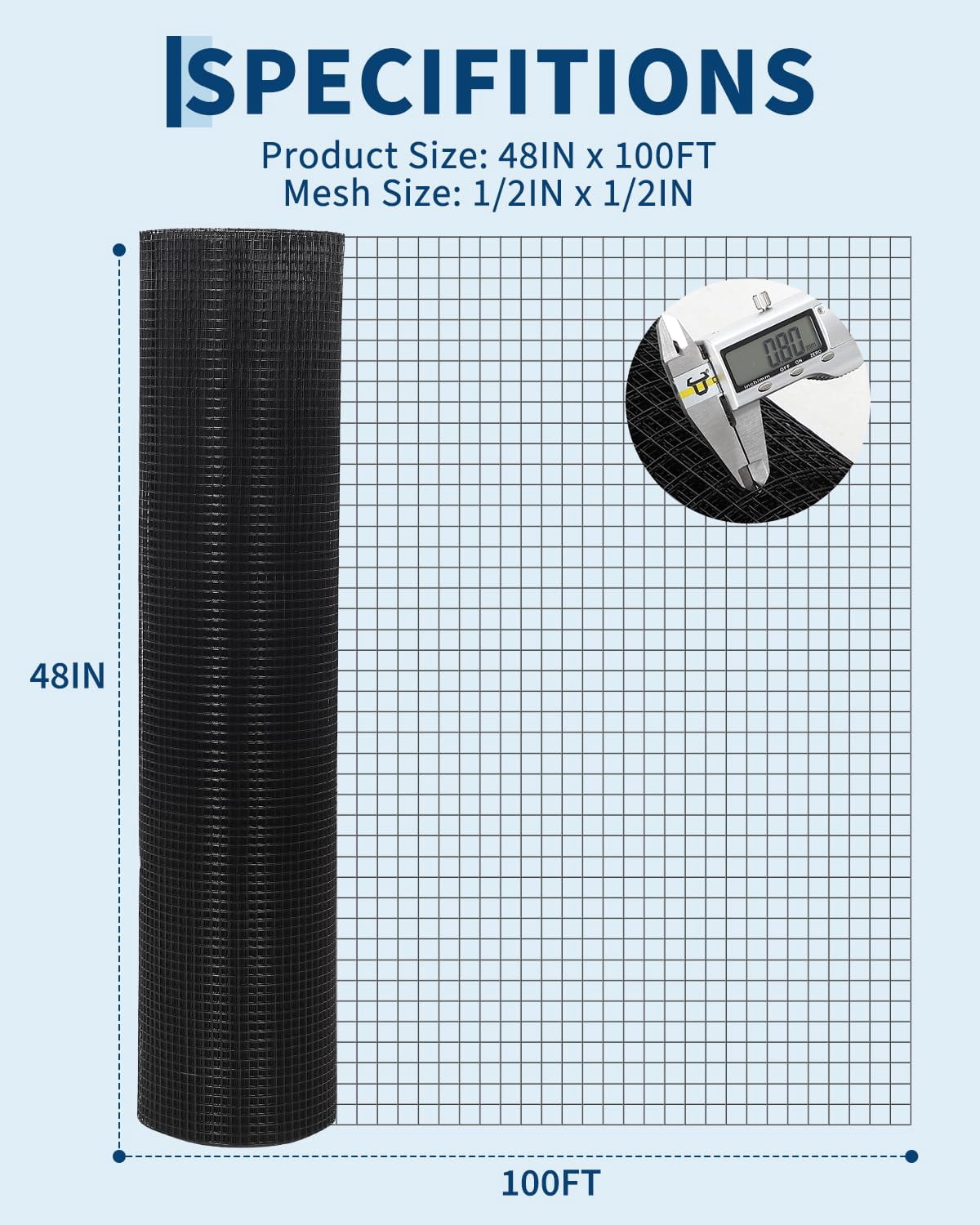1/2 inch Hardware Cloth, 48 in x 100 ft Galvanized Wire Mesh Roll, 19GA Chicken Wire Fence Roll, Metal Wire Mesh for Chicken Coop Barrier, Rabbit Snake Fences, Poultry Enclosures, Animal Netting