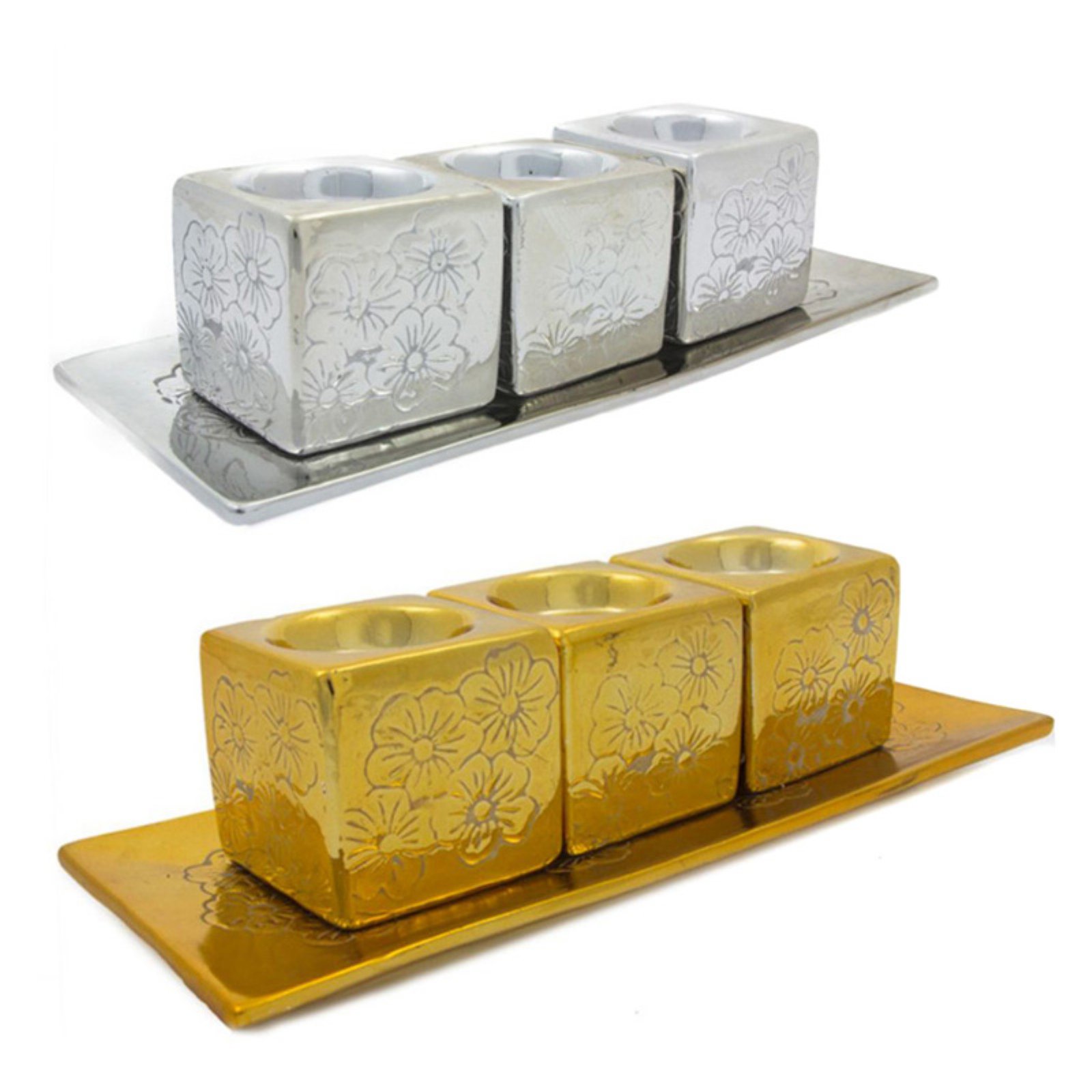 Benzara Ceramic Rectangle Flower 4Piece Candle Holder Set of 2