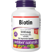 Webber Naturals Biotin 5,000 mcg, 150 Capsules, Supports Healthy Hair, Skin & Nails, Energy Metabolism, Vitamin Supplement, Gluten Free, Non-GMO, Suitable for Vegetarians and Vegans