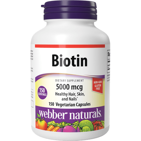 Webber Naturals Biotin 5,000 mcg, 150 Capsules, Supports Healthy Hair, Skin & Nails, Energy Metabolism, Vitamin Supplement, Gluten Free, Non-GMO, Suitable for Vegetarians and Vegans