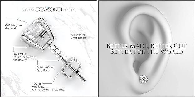 Central Diamond Center - 2ct total weight Moissanite Stud Earrings Sterling Silver with 14k gold post 6.5mm -Threaded-Platinum Plated