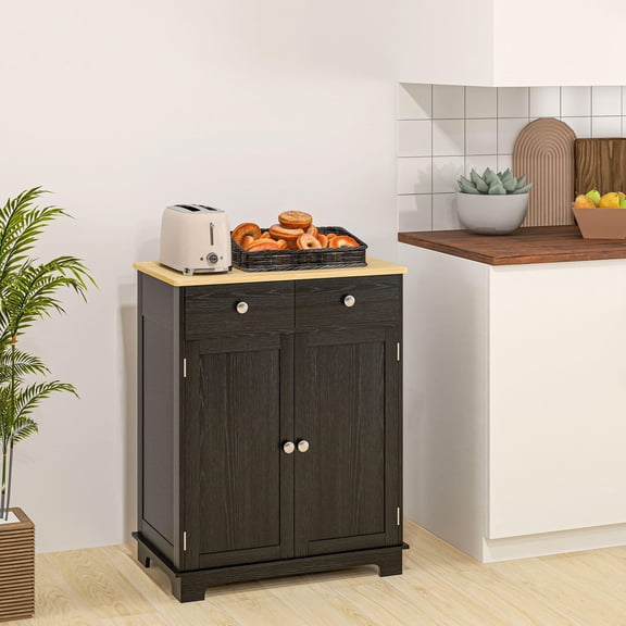 Sideboard with Solid Wood Countertop, Modern Kitchen Storage Cabinet, Coffee Bar Cabinet with 2 Drawers, Doors and Adjustable Shelf, Distressed Black for Dining Room Entryway