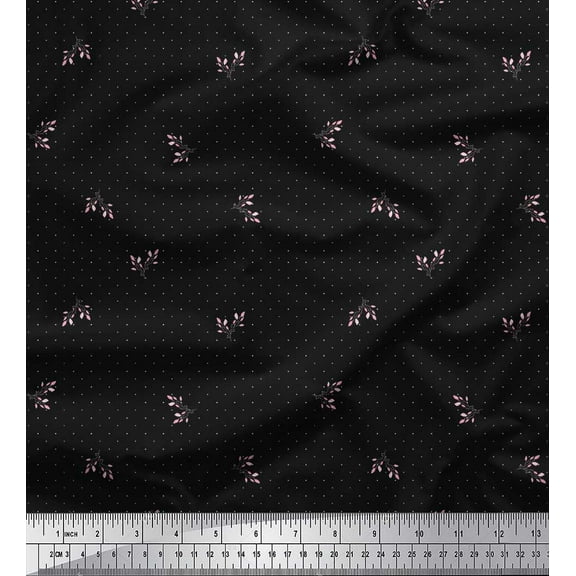 Soimoi Black Cotton Voile Fabric Leaves & Dots Fabric Prints By Yard 42 Inch Wide