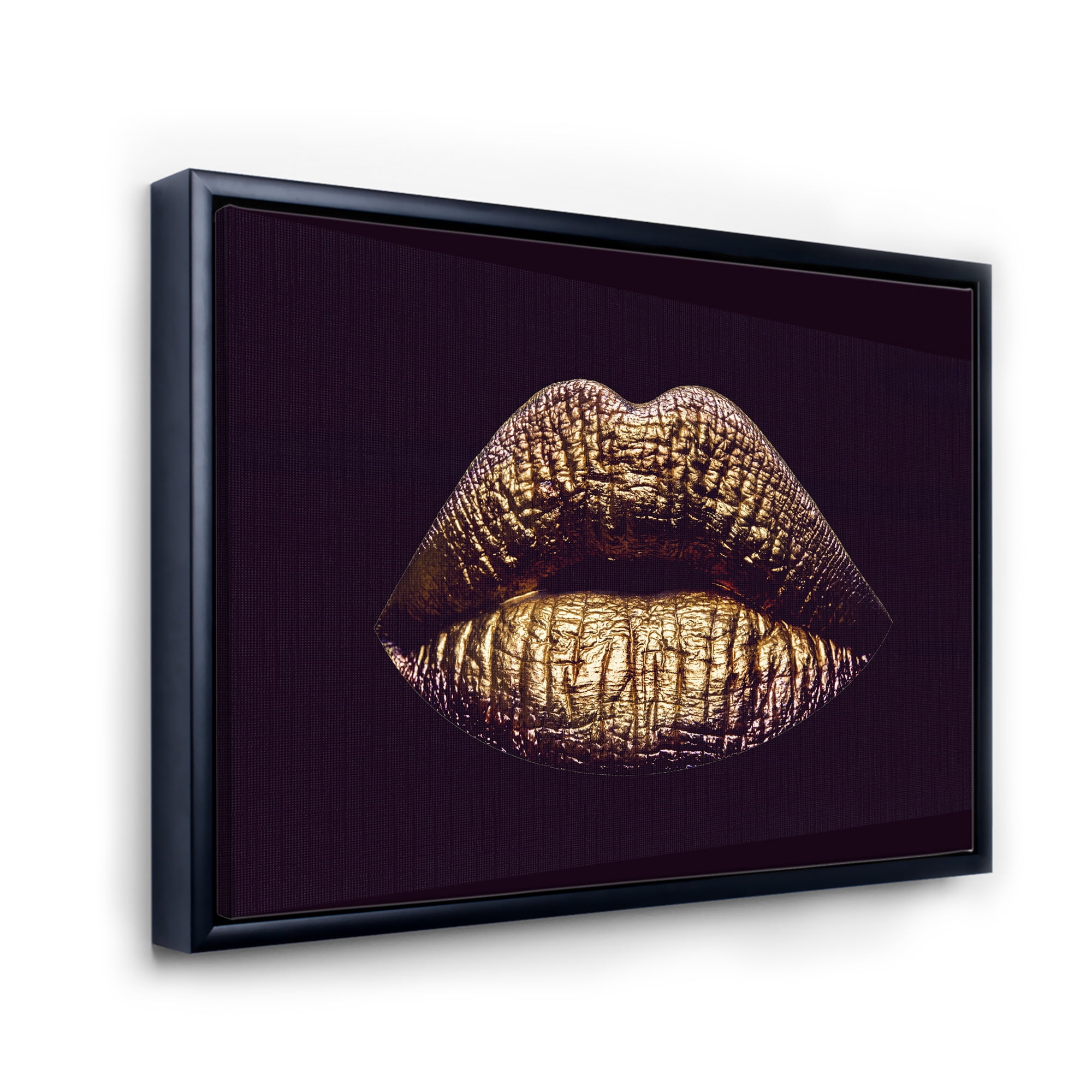 Designart 'Sexy Golden Metallized Woman Lips II' Modern Framed Canvas Wall Art Print