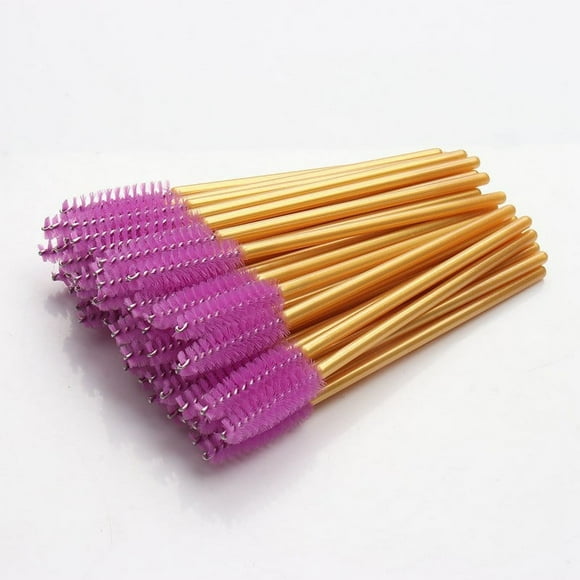 Nvzi 100 piezas de cepillos desechables para rímel de pestañas, para extensiones de pestañas, cejas y maquillaje (varilla amarilla, cabeza morada)