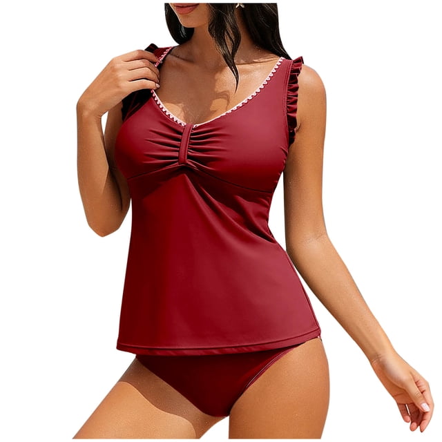 Women's Tankini Swimsuits Solid Color Two Piece with Detachable Soft Cups & Adjustable Drawstring, Comfort Swimwear