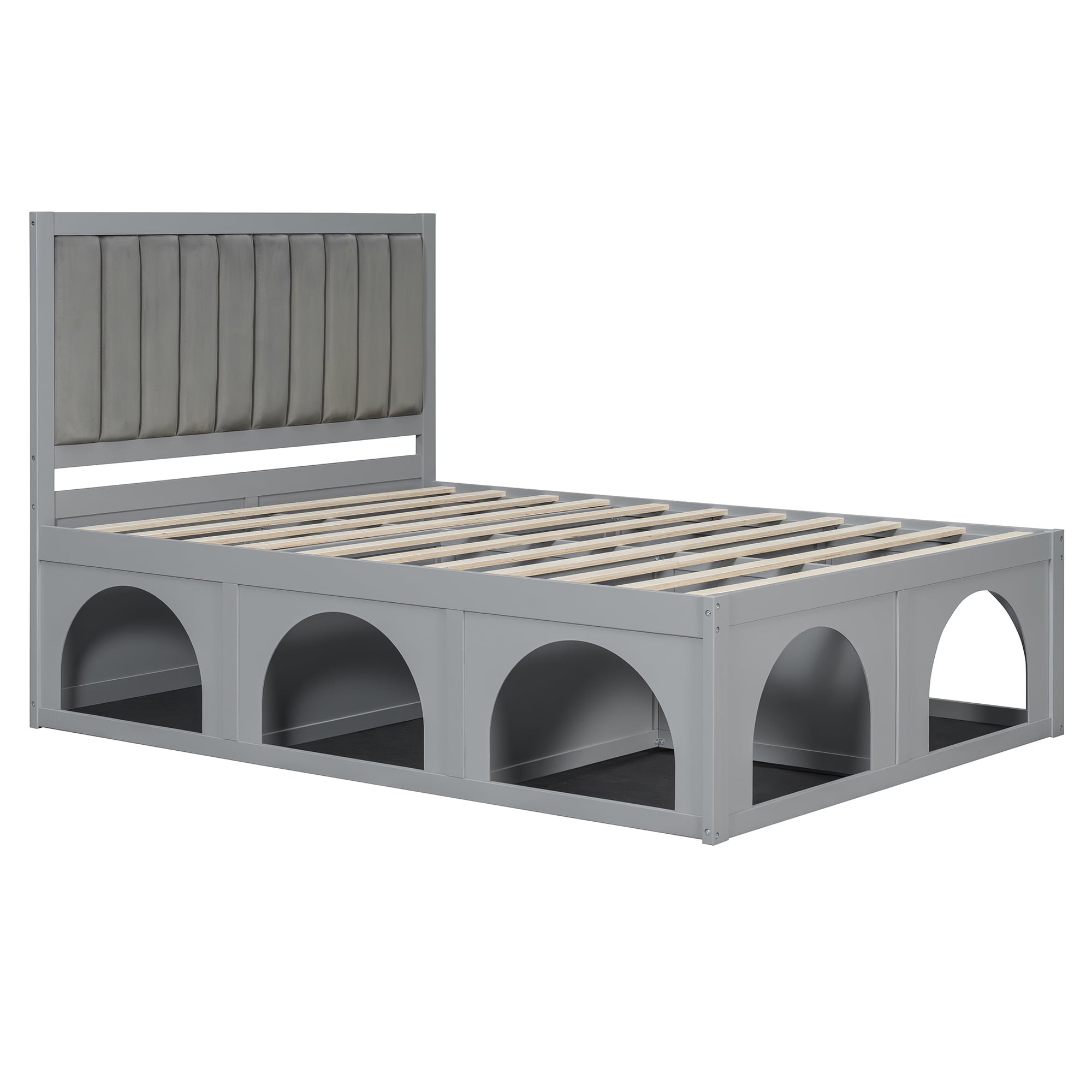 Mintazer Queen Size Upholstered Platform Bed Frame with Under‑Bed Pet Nook, Channel Tufted Headboard Bed for Bedroom, Black