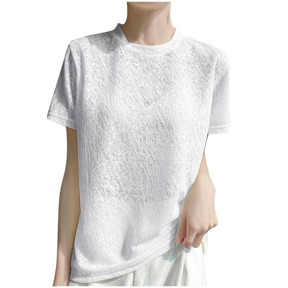 Mittory Women's Knit Blouse Elegant Short Sleeve Round Neck Loose Jacquard Top Dressy Office Work Shirt