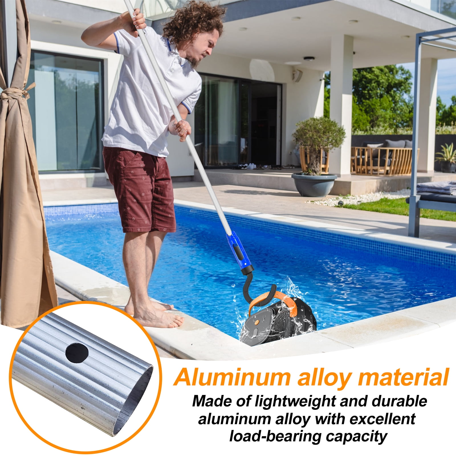 4 Section Aluminum Pool Pole with Hook for Robotic Pool Cleaners Vacuum Robot Accessories for Cordless Above Ground and Underwater Models 5.2 Feet Adjustable Handle