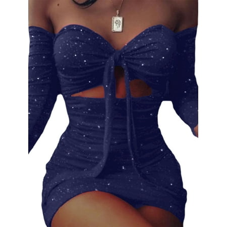 

DYMADE Women Plus Size Long Sleeve Shiny Bra Hollow Sexy Dress